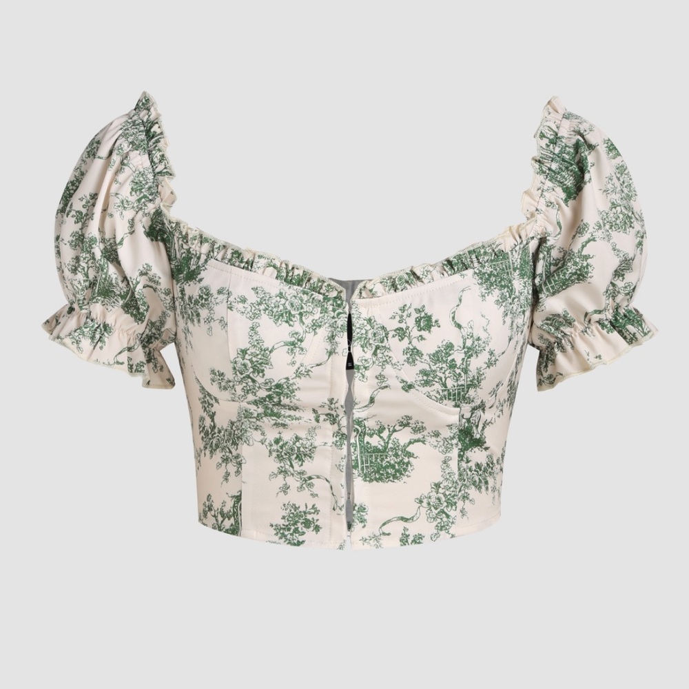 Cider Toile de Jouy Ruffle Hem Puff Sleeve Blouse